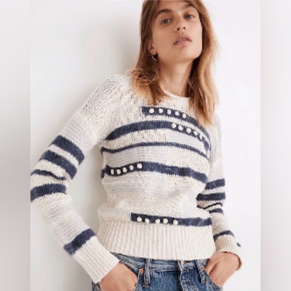 Madewell Grandover Bobble White Navy Striped Cotton Wool Crewneck Fall Sweater